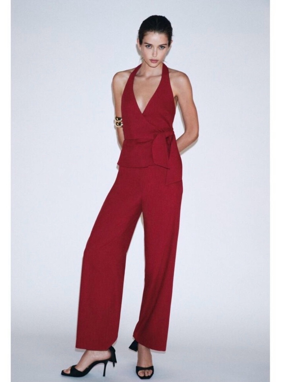 Zara Burgundy Halter Tie-Waist topWide-Leg pants set